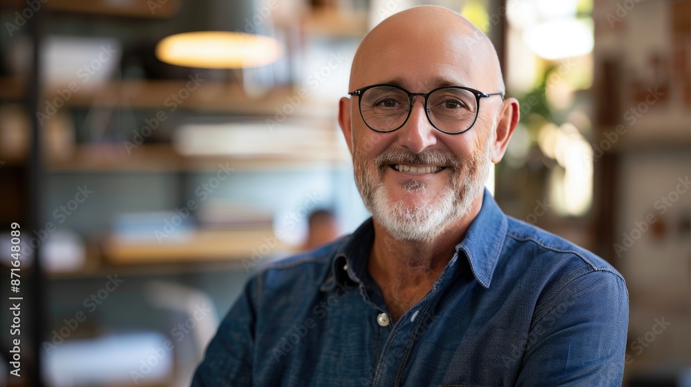 Middle-aged entrepreneur with a cheerful expression, showcasing innovation and business vision Middle-aged entrepreneur with a cheerful expression, showcasing innovation and business vision