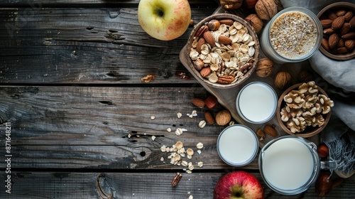 Nutritious breakfast setup with milk nuts cornflakes and apple on a wooden surface