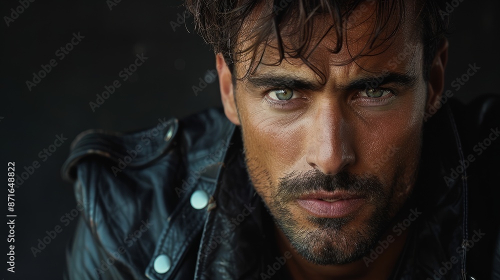 Close-up portrait of a man wearing a leather jacket Close-up portrait of a man wearing a leather jacket