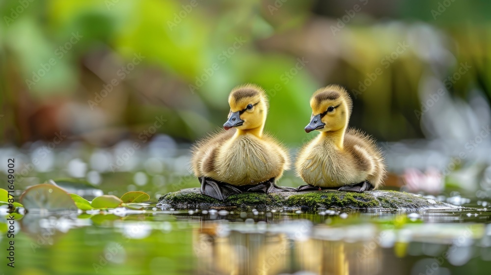 Adorable greylag gosling duo by a pond Adorable greylag gosling duo by a pond