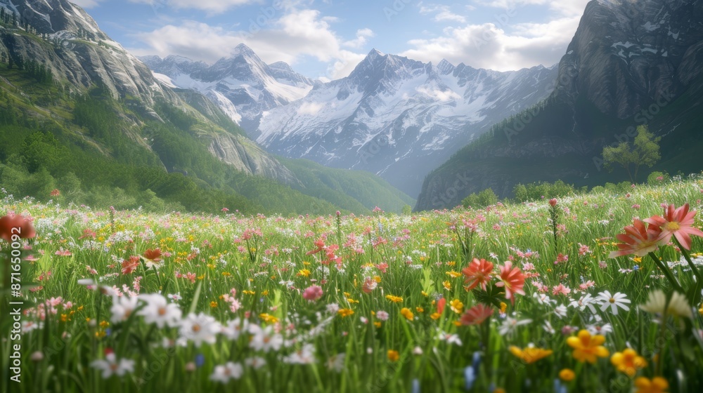Wildflowers bloom in an Alpine field with towering mountains in the backdrop, A serene Alpine valley with wildflowers in the foreground, AI Generated Wildflowers bloom in an Alpine field with towering mountains in the backdrop, A serene Alpine valley with wildflowers in the foreground, AI Generated