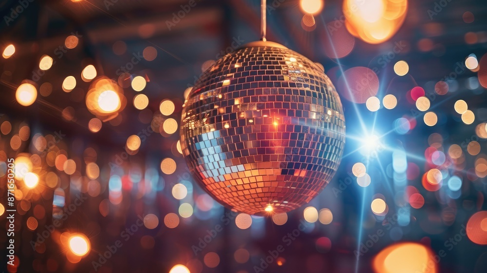 Shimmering mirror ball and dazzling lights, creating an energetic dance party Shimmering mirror ball and dazzling lights, creating an energetic dance party