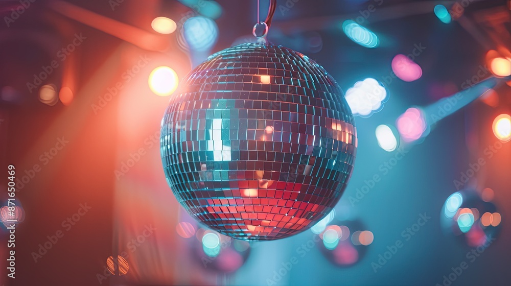 Fototapeta premium Shiny mirror ball reflecting dazzling lights, creating a party atmosphere