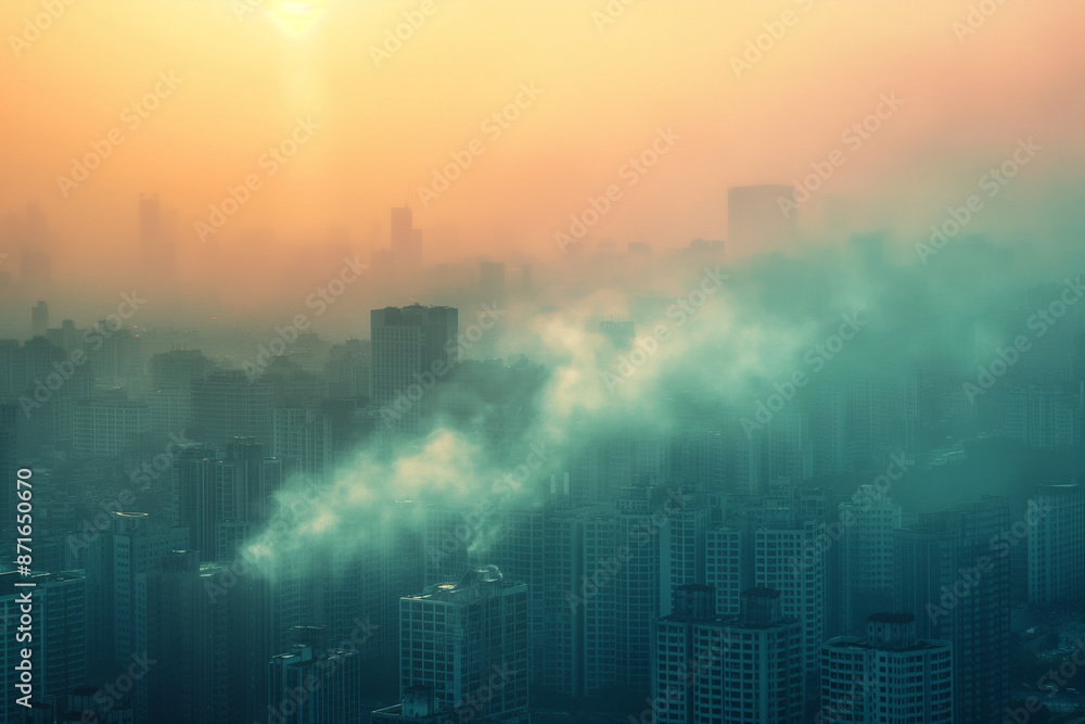 Fototapeta premium Hot weather, pollution covers the city