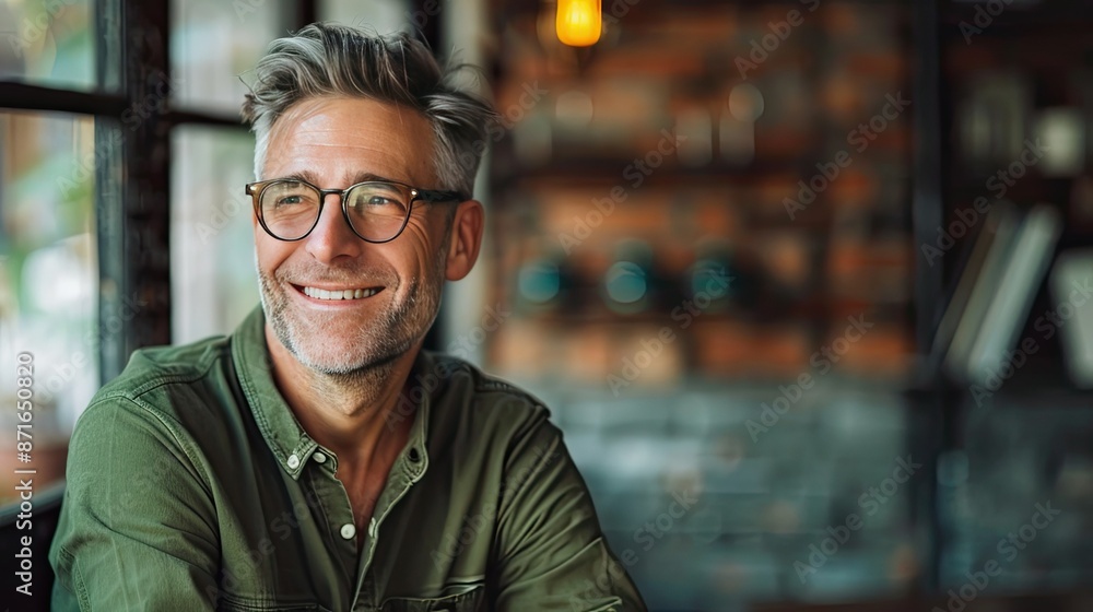 Smiling mature businessman with stylish eyewear and green shirt, looking aside with a positive attitude Smiling mature businessman with stylish eyewear and green shirt, looking aside with a positive attitude