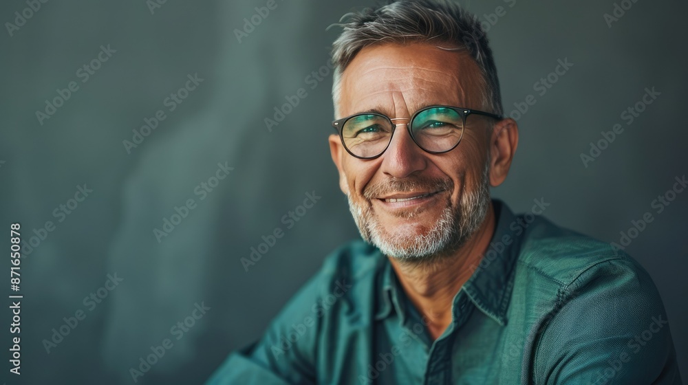 Smiling mature businessman with trendy eyewear and green shirt, looking aside with a thoughtful demeanor Smiling mature businessman with trendy eyewear and green shirt, looking aside with a thoughtful demeanor