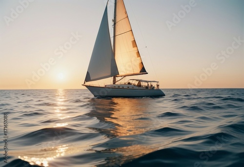 sailboat cruises at sunset in calm ocean water, copy space for text 