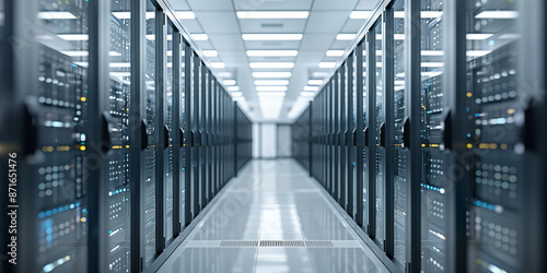 Modern data center with illuminated servers and bright ambient lighting, perfect for technology, cloud computing, data storage, and background themes.