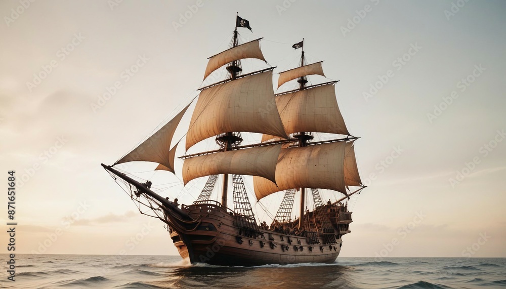 Naklejka premium sailing pirate ship, isolated white background