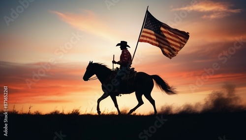 silhouette of a cowboy on a horse holding an American flag, dramatic sunset colors painting the sky with warm hues
 photo