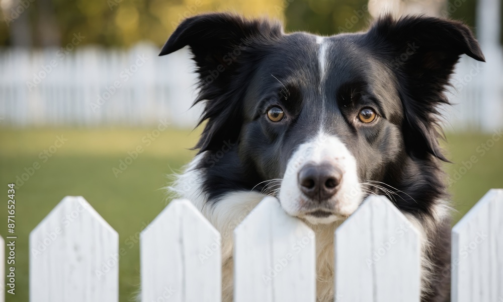 Fototapeta premium Border Collie peeking over white picket fence
