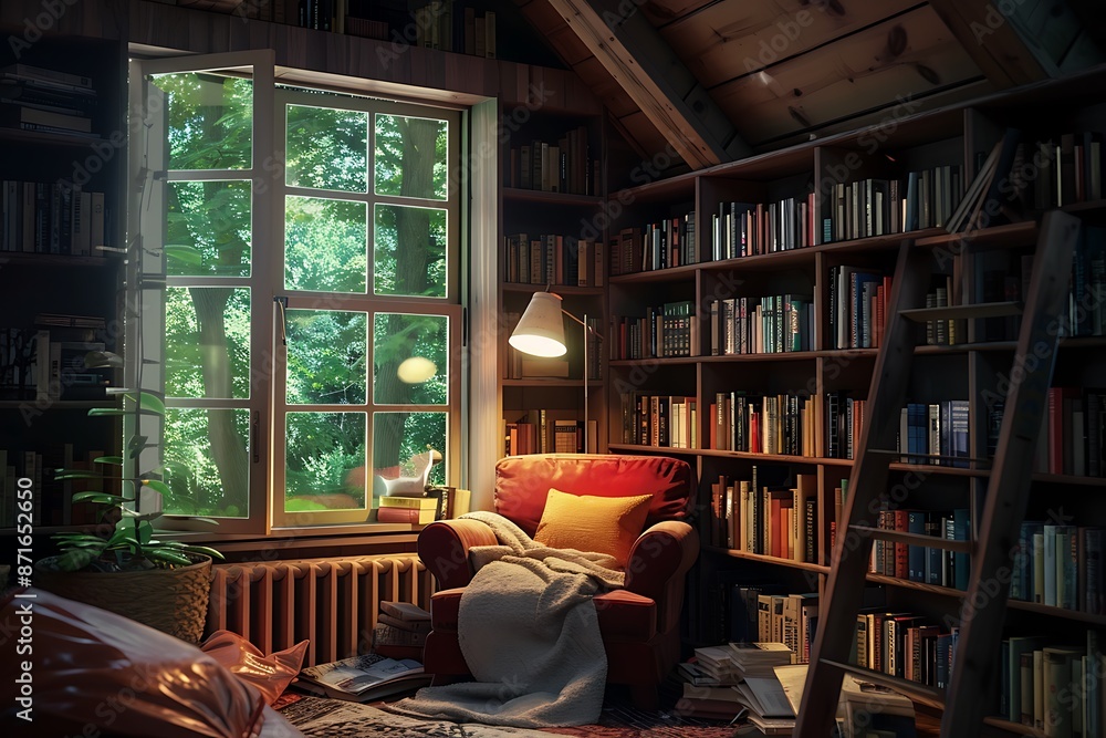 A cozy reading nook with a comfortable armchair, floor lamp, and built-in bookcases. A cozy reading nook with a comfortable armchair, floor lamp, and built-in bookcases.