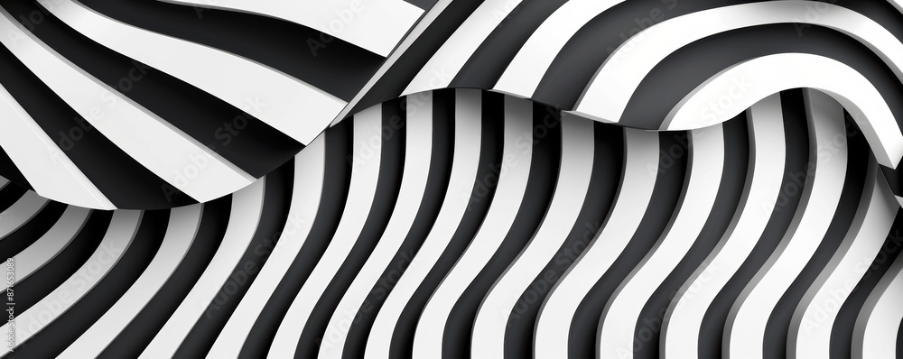 A black and white striped fabric with a wave pattern A black and white striped fabric with a wave pattern