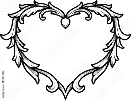 Love, Heart engraved frame with baroque ornament. Nubes, Swirl, filigree, classic vintage border element vector illustration