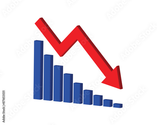 Red 3d arrow going down stock icon on white background. Bankruptcy, financial market crash icon for your web site design, logo, app, UI. graph chart downtrend symbol.chart going down sign.