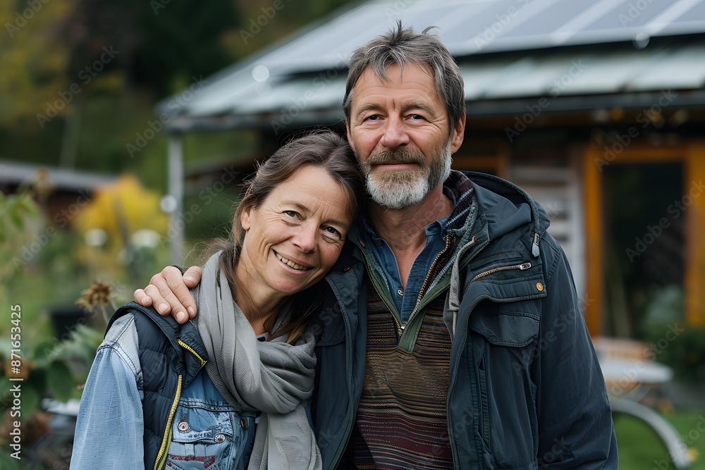 Pareja posa feliz con casa con instalación de energía renovable Pareja posa feliz con casa con instalación de energía renovable