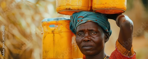 Woman carrying water containers on her head, water scarcity, community effort photo