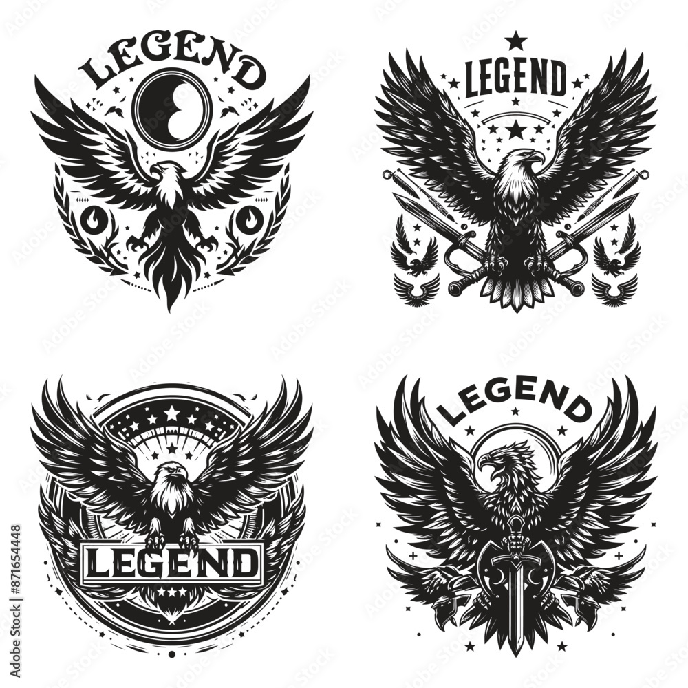 Fototapeta premium eagle with legend letter vector logo black & white silhouette