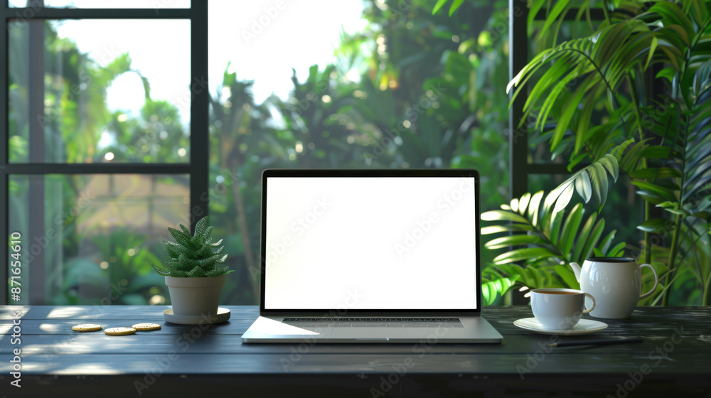Fototapeta premium There is an open laptop on the desk with green plants, cookies and a cup of tea. Laptop mockup in the green greenhouse. Eco friendly