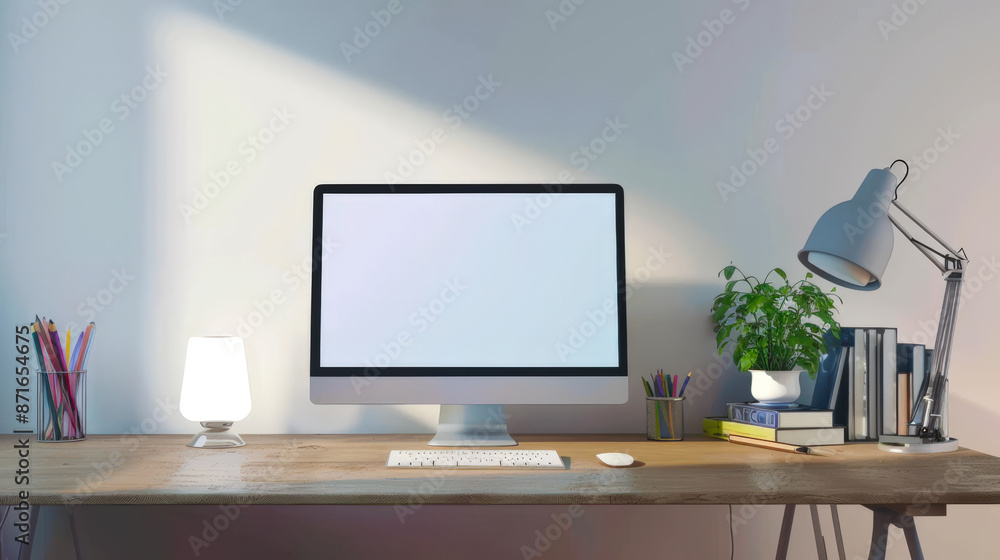A computer desk with a monitor, keyboard, mouse and lamp. A mockup of a cool stylish computer monitor A computer desk with a monitor, keyboard, mouse and lamp. A mockup of a cool stylish computer monitor