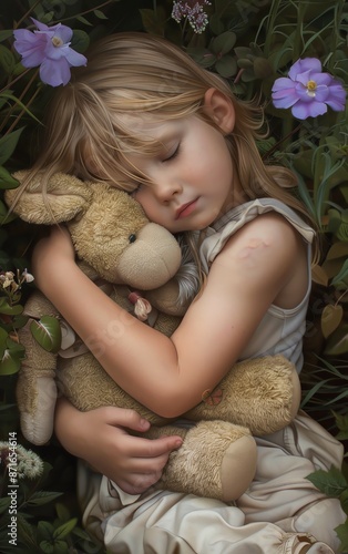 A child with reactive attachment disorder hugging a stuffed animal in a garden
