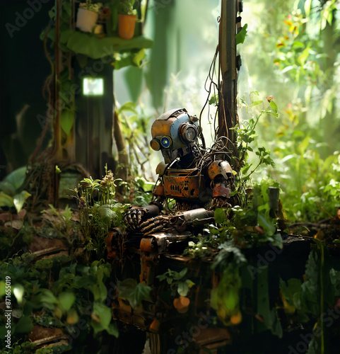 rusty robot in overgrown garden, abandoned machine covered in vines, serene nature reclaiming technology, post-apocalyptic, detailed realistic, soft natural lighting, Generative AI