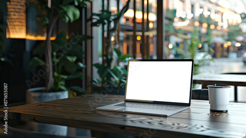 There is an open laptop with a cup of coffee on a wooden table in the cafe. Laptop mockup in a stylish cafe with large windows and green plants
