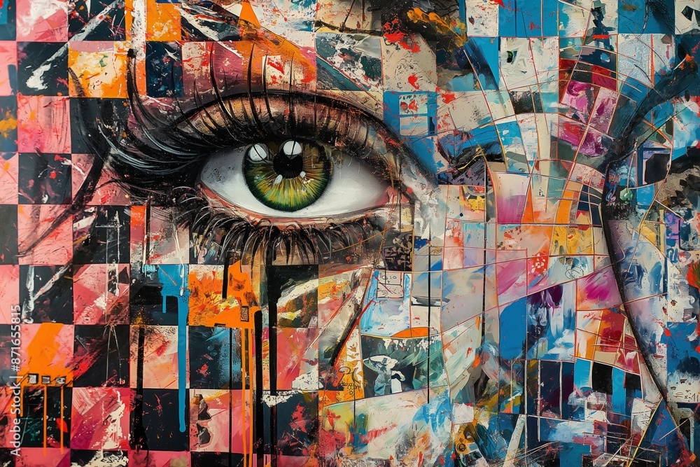 Eye-catching collage with vibrant colors and geometric shapes, centered around a detailed eye Eye-catching collage with vibrant colors and geometric shapes, centered around a detailed eye