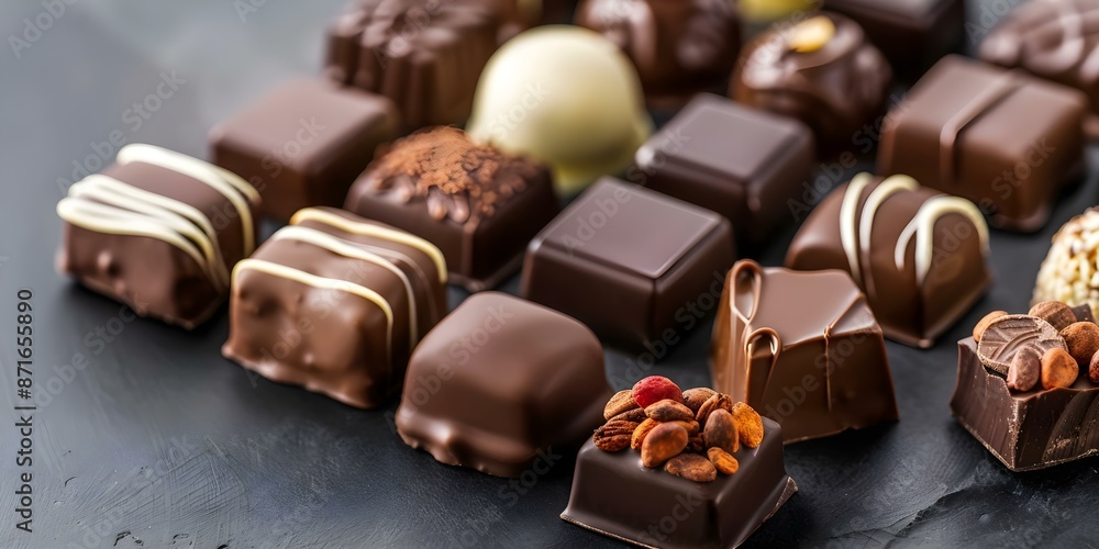 Delicious variety of artisanal chocolates for World Chocolate Day. Concept Indulgent Treats, Gourmet Goodies, Sweet Surprises, Decadent Delights, Chocolate Creations Delicious variety of artisanal chocolates for World Chocolate Day. Concept Indulgent Treats, Gourmet Goodies, Sweet Surprises, Decadent Delights, Chocolate Creations