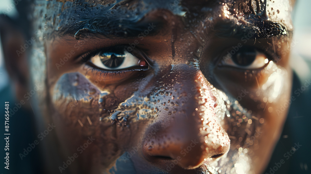 A close-up of a football players determined face sweat dripping. A close-up of a football players determined face sweat dripping.