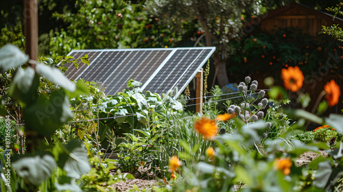 A community garden powered by solar panels with lush greenery and flowers. photo