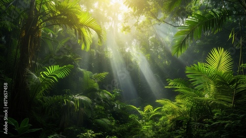 Bright sun rays filtering through dense jungle foliage, A lush tropical rainforest during the day with sunbeams filtering through the foliage, AI Generated