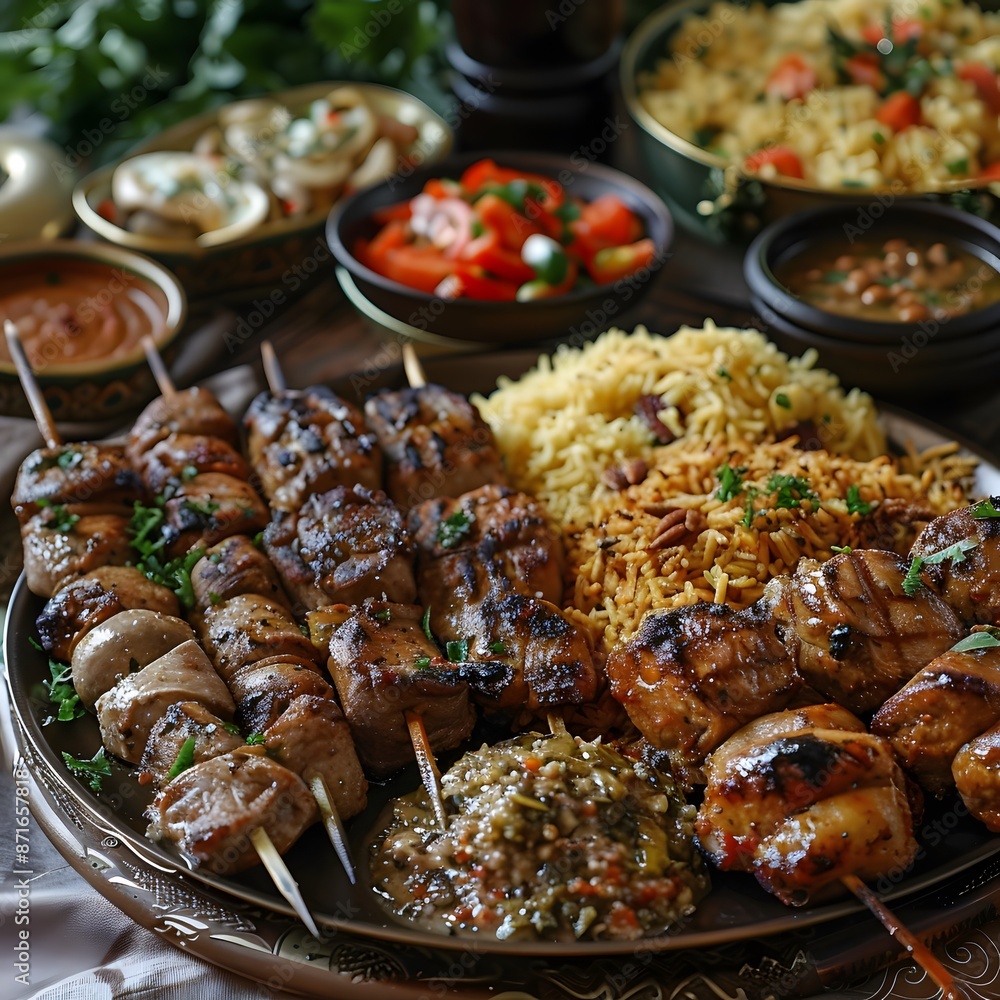 Delicious Grilled Meat Skewers with Rice and Sauces Delicious Grilled Meat Skewers with Rice and Sauces