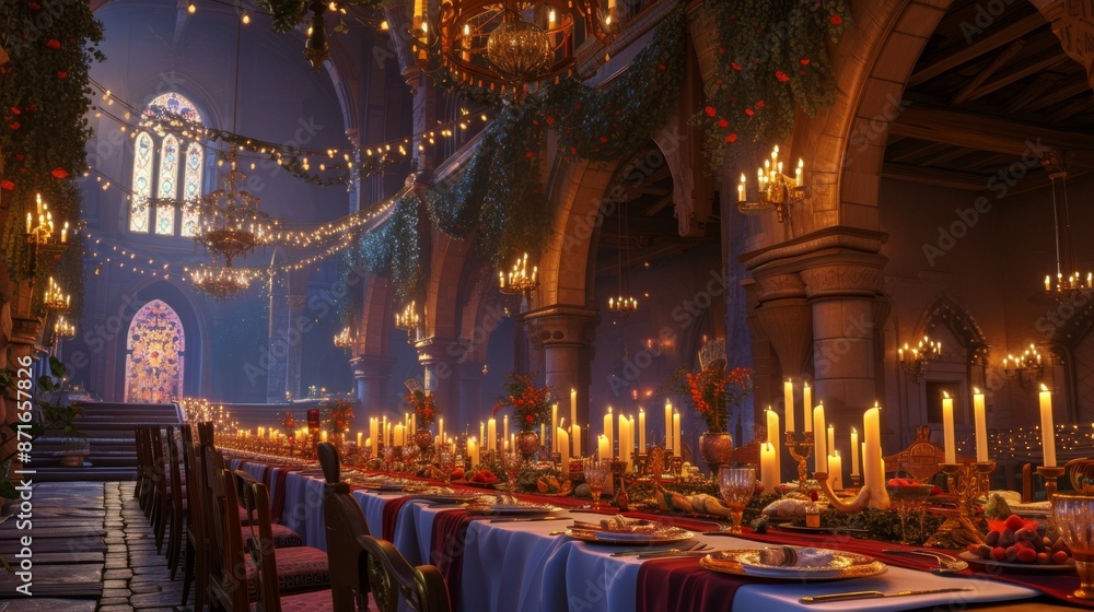 Obraz premium A long table adorned with numerous candles, ready for a grand feast in a fairytale hall, A mouthwatering feast in a Hall with fairy-tale kings and queens, AI Generated