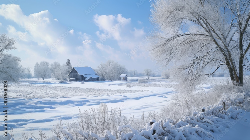 A snow-covered field with a house in the distance on a cold winter day, A peaceful countryside blanketed in fresh, untouched snow, AI Generated A snow-covered field with a house in the distance on a cold winter day, A peaceful countryside blanketed in fresh, untouched snow, AI Generated