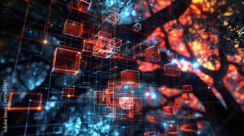 Digital Network Structure with Glowing Orange and Blue Lines Digital Network Structure with Glowing Orange and Blue Lines