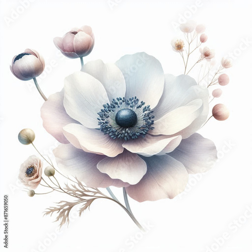 Watercolor delicate anemone flower on a white background. For use in a romantic invitation