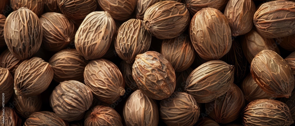 Panoramic close-up, high detail scan of nutmeg material, Generative AI Panoramic close-up, high detail scan of nutmeg material, Generative AI