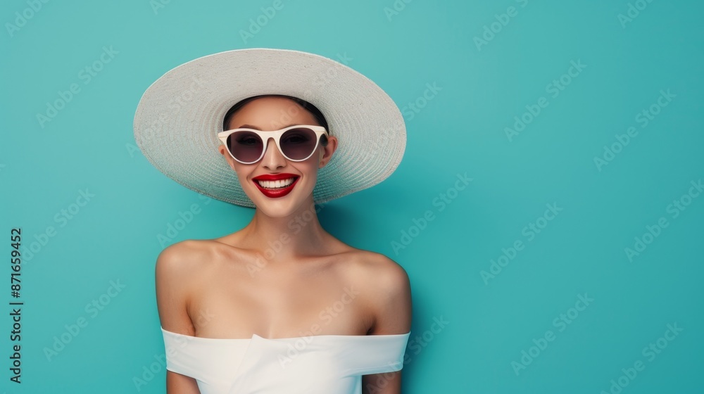Smiling woman in elegant sunglasses and a summer hat with space for text. concept summer fashion ads for designer. Smiling woman in elegant sunglasses and a summer hat with space for text. concept summer fashion ads for designer.