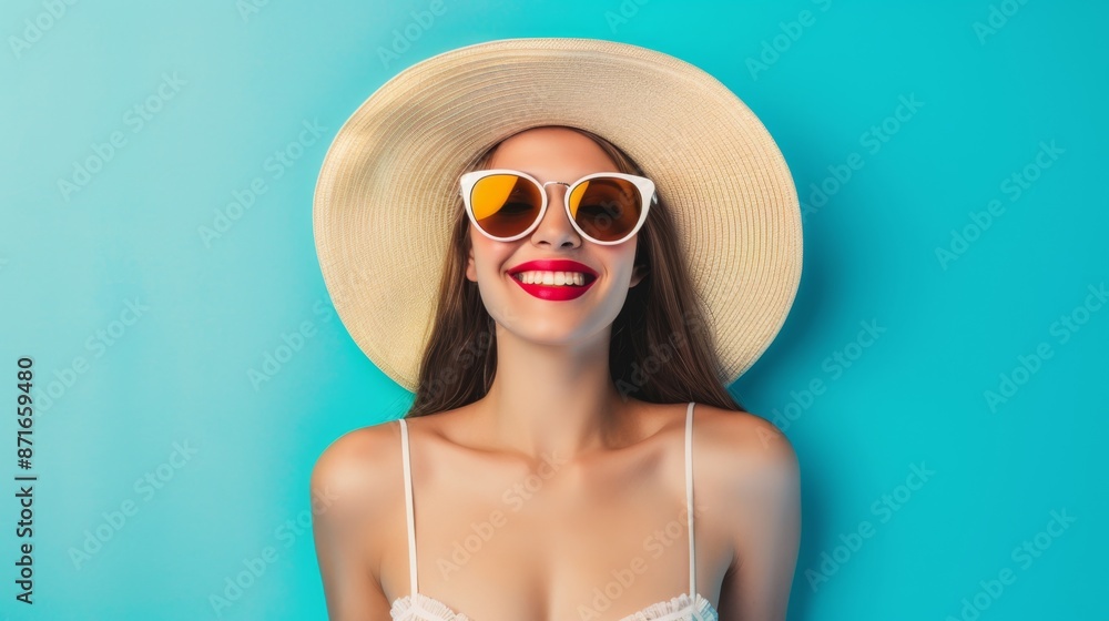 Smiling woman in elegant sunglasses and a summer hat with space for text. concept summer fashion ads for designer. Smiling woman in elegant sunglasses and a summer hat with space for text. concept summer fashion ads for designer.