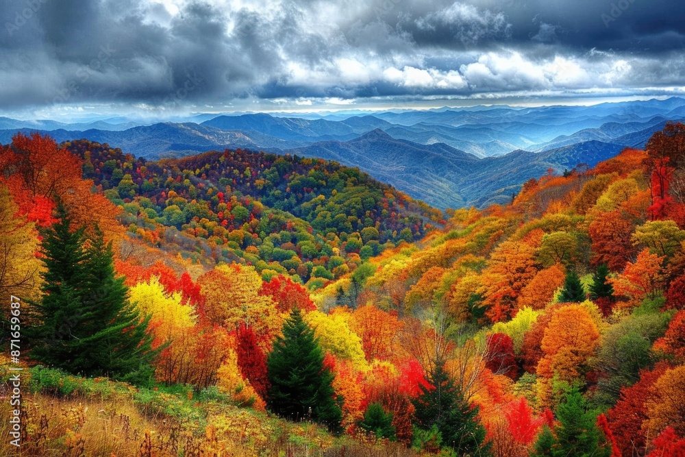 Mountains In Fall. Autumn Landscape of Great Smoky Mountains National Park near North Carolina-Tennessee border Mountains In Fall. Autumn Landscape of Great Smoky Mountains National Park near North Carolina-Tennessee border