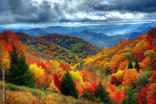 Mountains In Fall. Autumn Landscape of Great Smoky Mountains National Park near North Carolina-Tennessee border