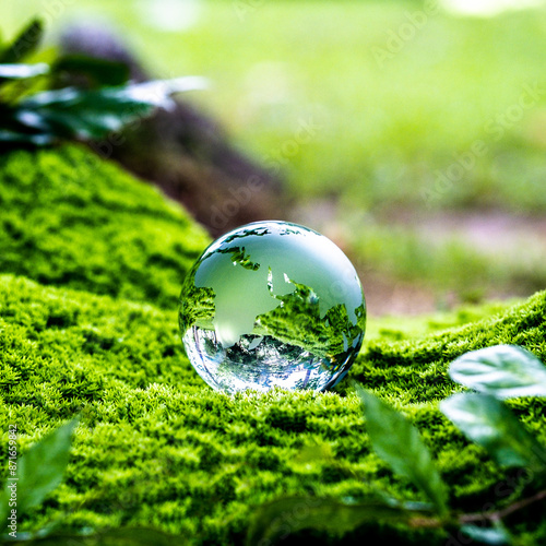 Crystal globe in the forest placed on moss and sunlight. concept ecology world environment day cleaning the world