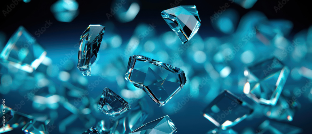 A close up of a blue and clear glass with many pieces of it A close up of a blue and clear glass with many pieces of it