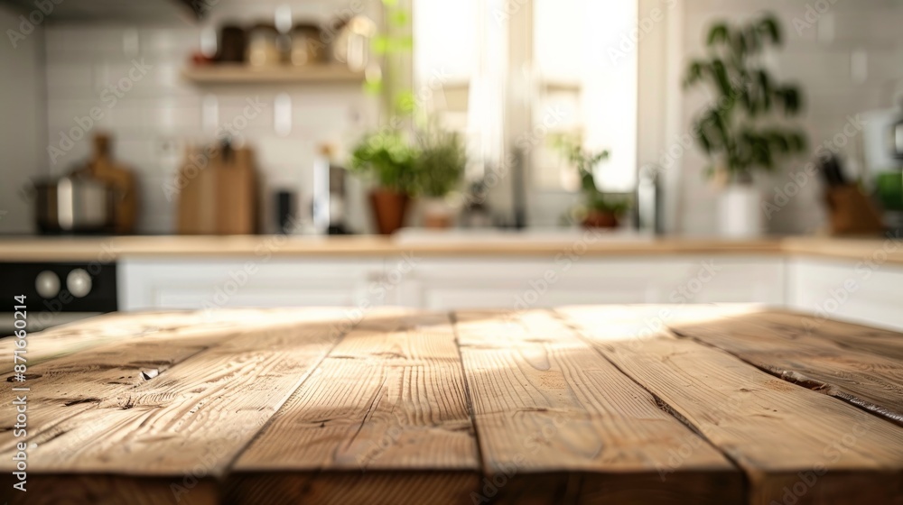 Kitchen Counter Backgorund Selective focus.Wood table top on blur kitchen counter background.For ...