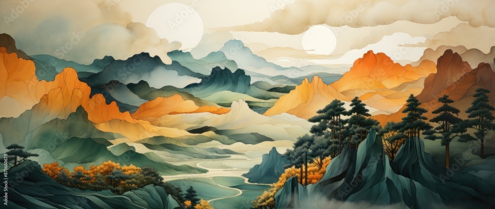 Abstract travel forest mountains sunset river. Abstract travel forest mountains sunset river.