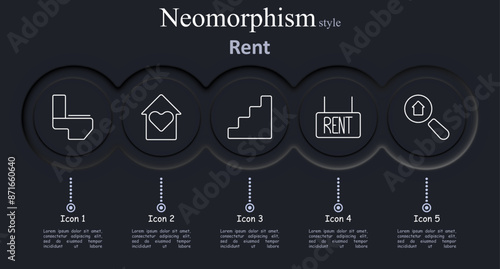 Rent set icon. Toilet, house with heart, staircase, rent sign, magnifying glass with house, real estate, property, home, search, lease, rental, accommodation, housing, navigation, rental services
