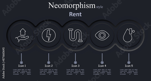 Rent set icon. Hand with house, electricity, plumbing, eye, water drop, utilities, home maintenance, real estate, property, rent, services, inspection, repair, housing, home services, rental property