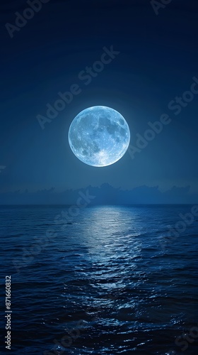 A serene moonlit night over the calm waters of an ocean, with reflections of the full moon on gentle waves.