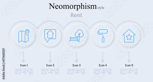 Rent set icon. Map with location pin, speech bubble with house, park bench, paint roller, house with star, real estate rental, home services, outdoor spaces, renovation